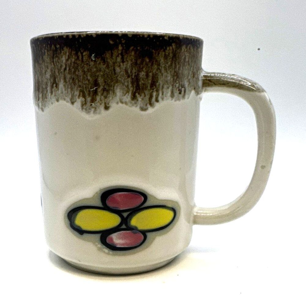 Otagiri style Coffee Mug White Brown Drip Glaze Abstract pink yellow floral